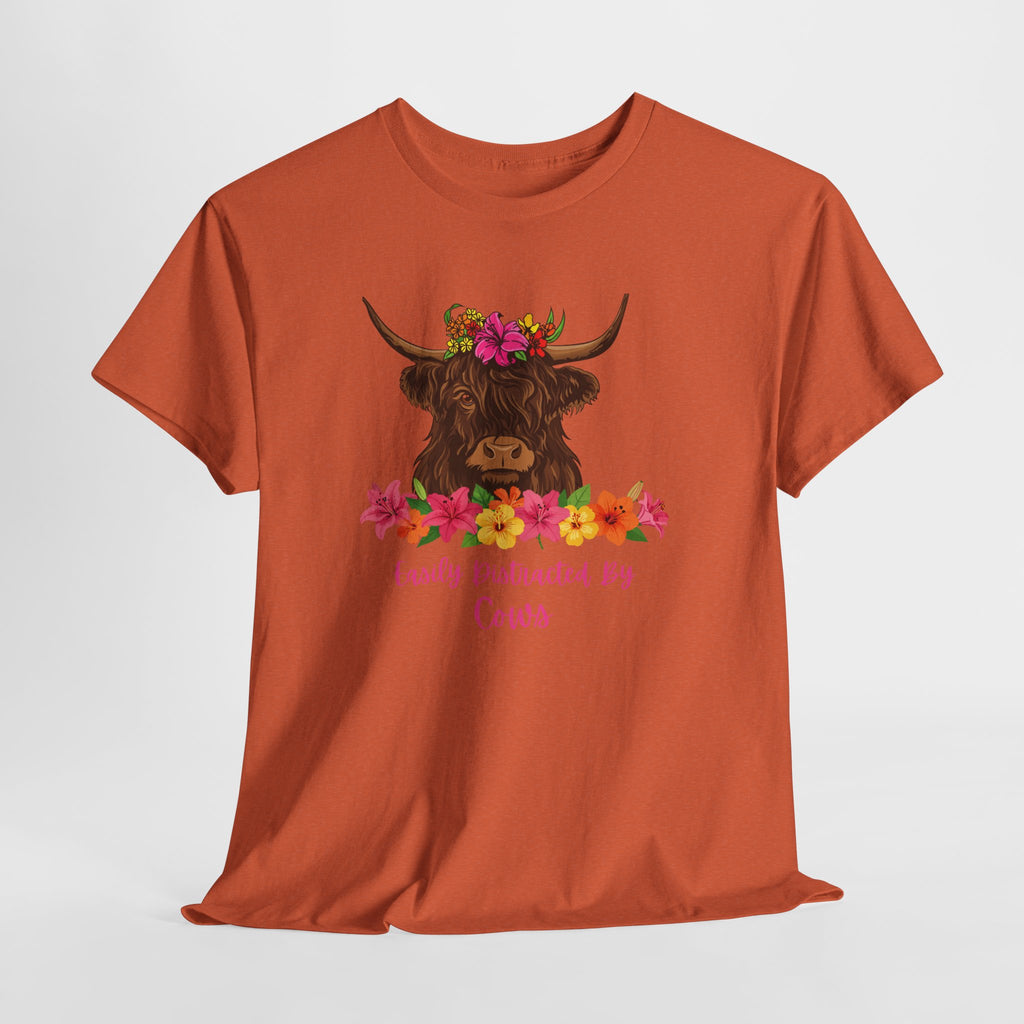 Cow Mom Floral Tee — 'Easily Distracted By Cows' Highland Cow Graphic Shirt