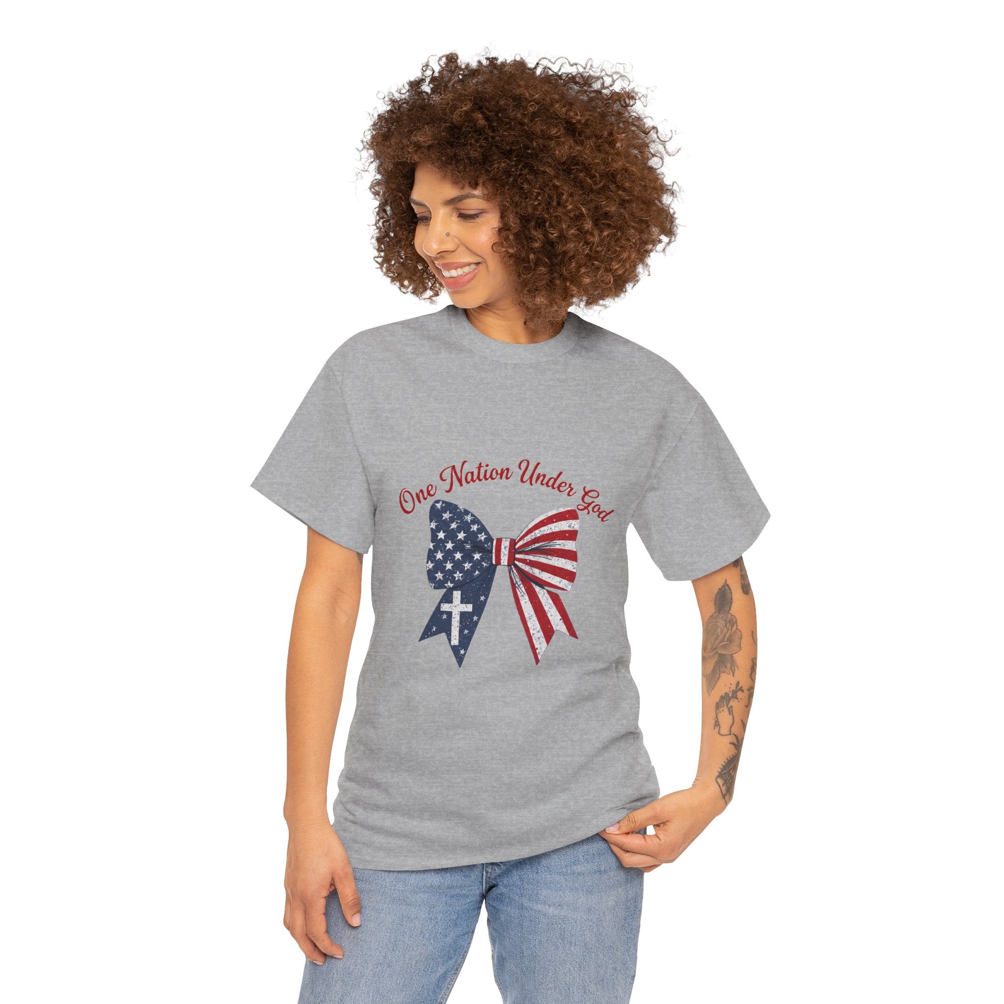 Patriotic Bow Tee — "One Nation Under God" American Flag Cross T-Shirt