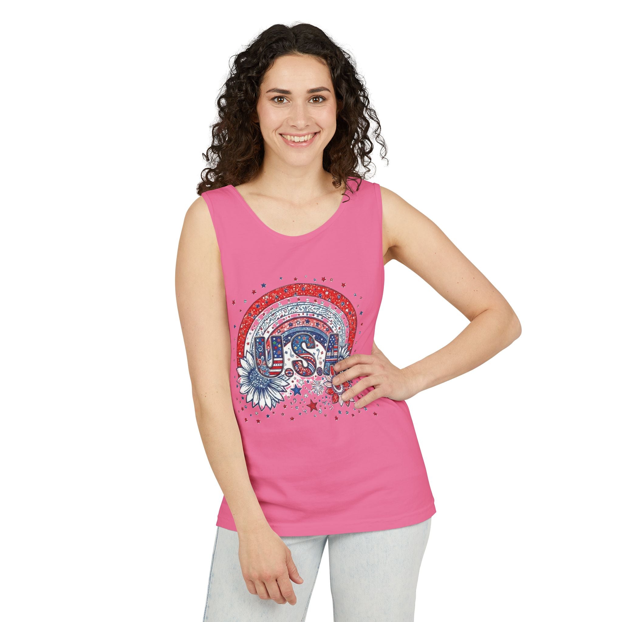 USA Rainbow Floral Tank Top — Patriotic 4th of July Sleeveless Tee