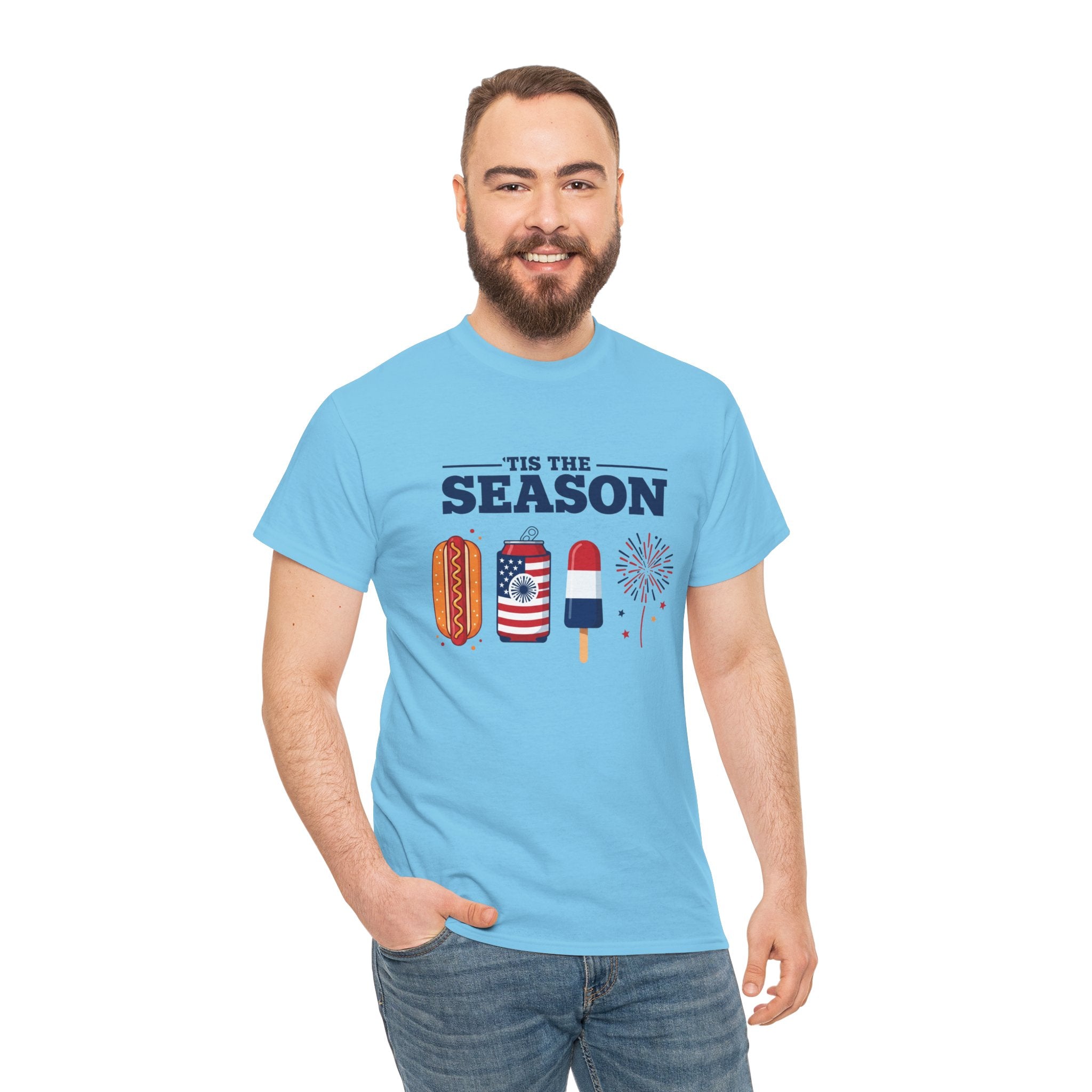 Fourth of July Tee — "'Tis the Season" Patriotic Hot Dog, Popsicle & Fireworks T-Shirt