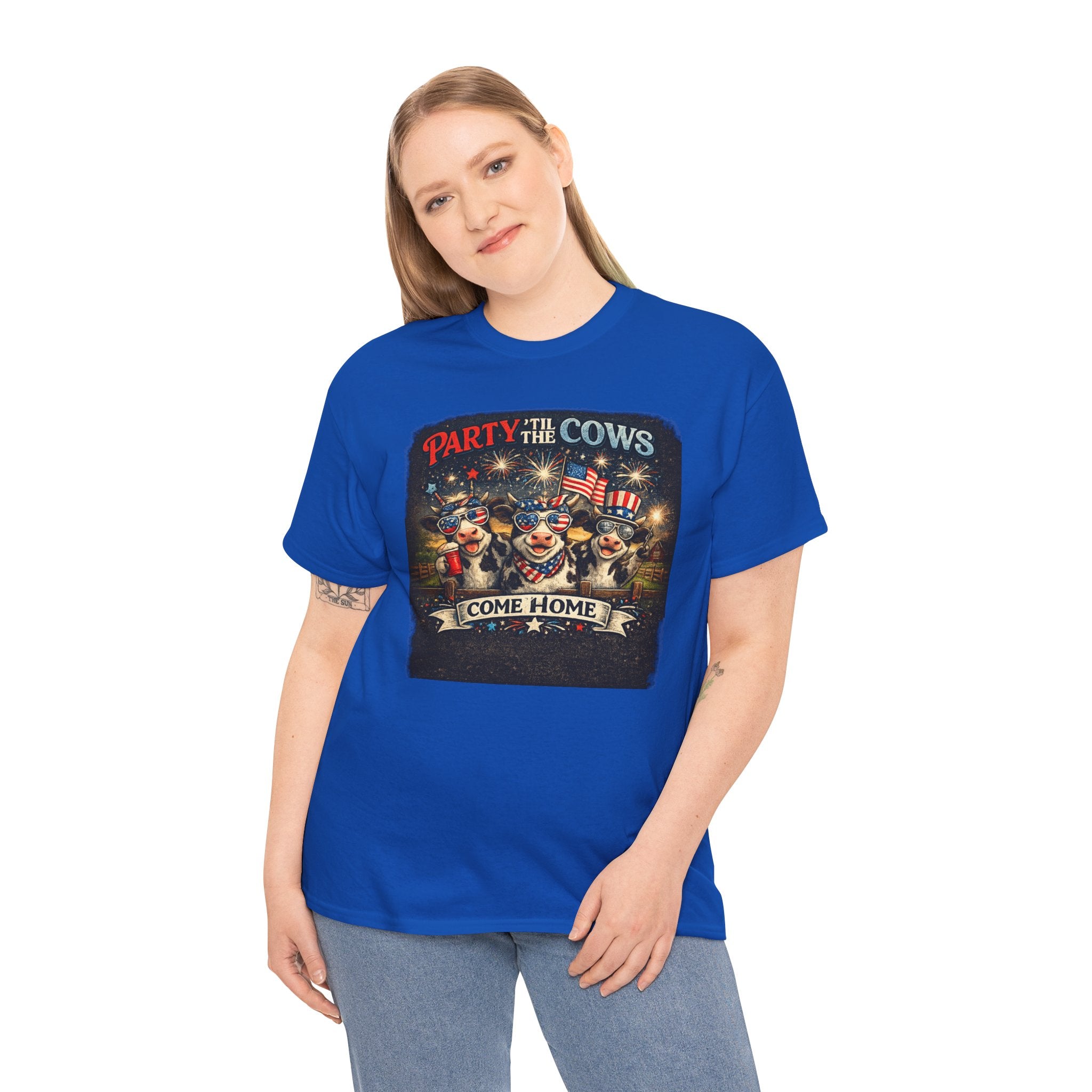 Independence Day 'Party 'Til the Cows Come Home' T-Shirt — Fireworks & Cow Graphic