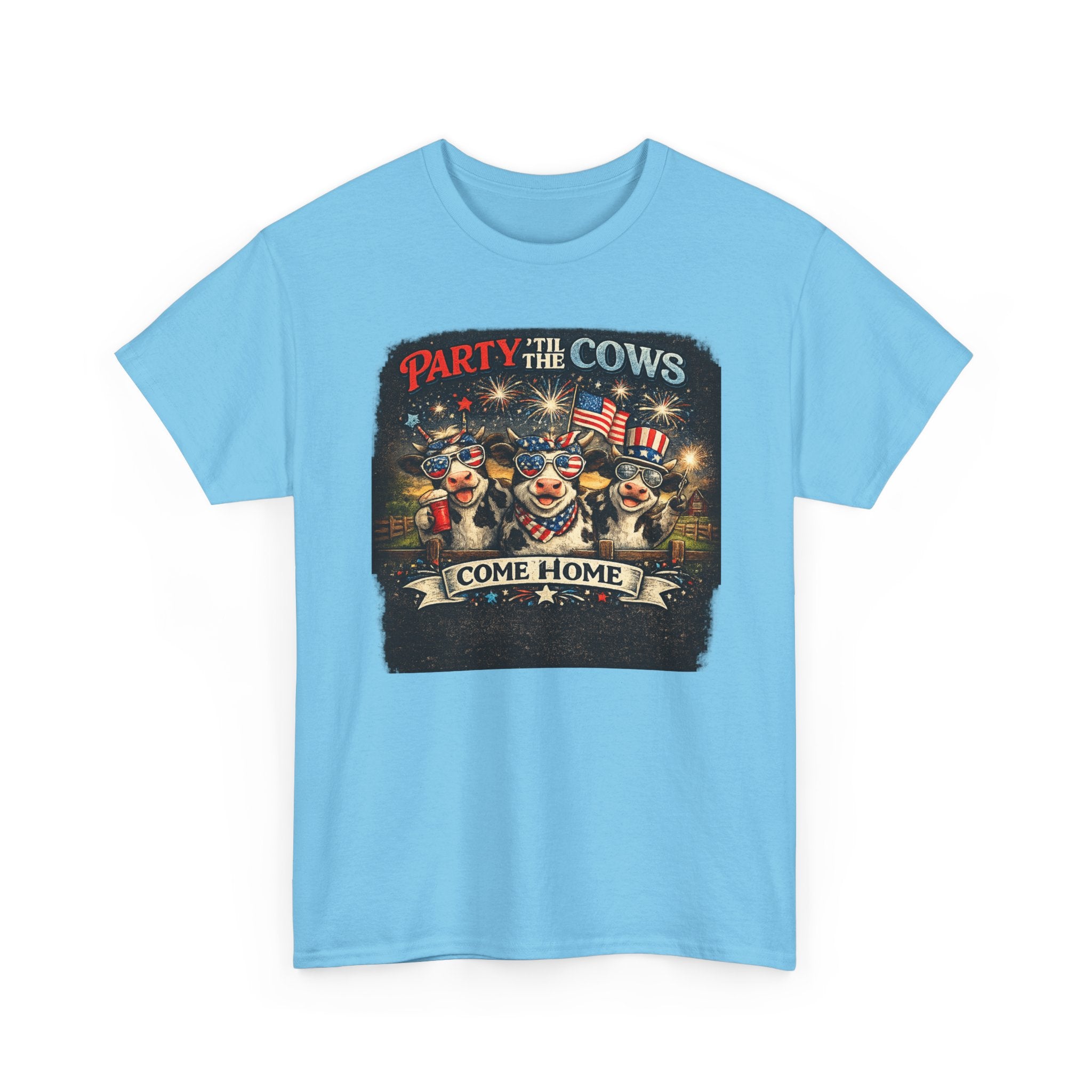 Independence Day 'Party 'Til the Cows Come Home' T-Shirt — Fireworks & Cow Graphic