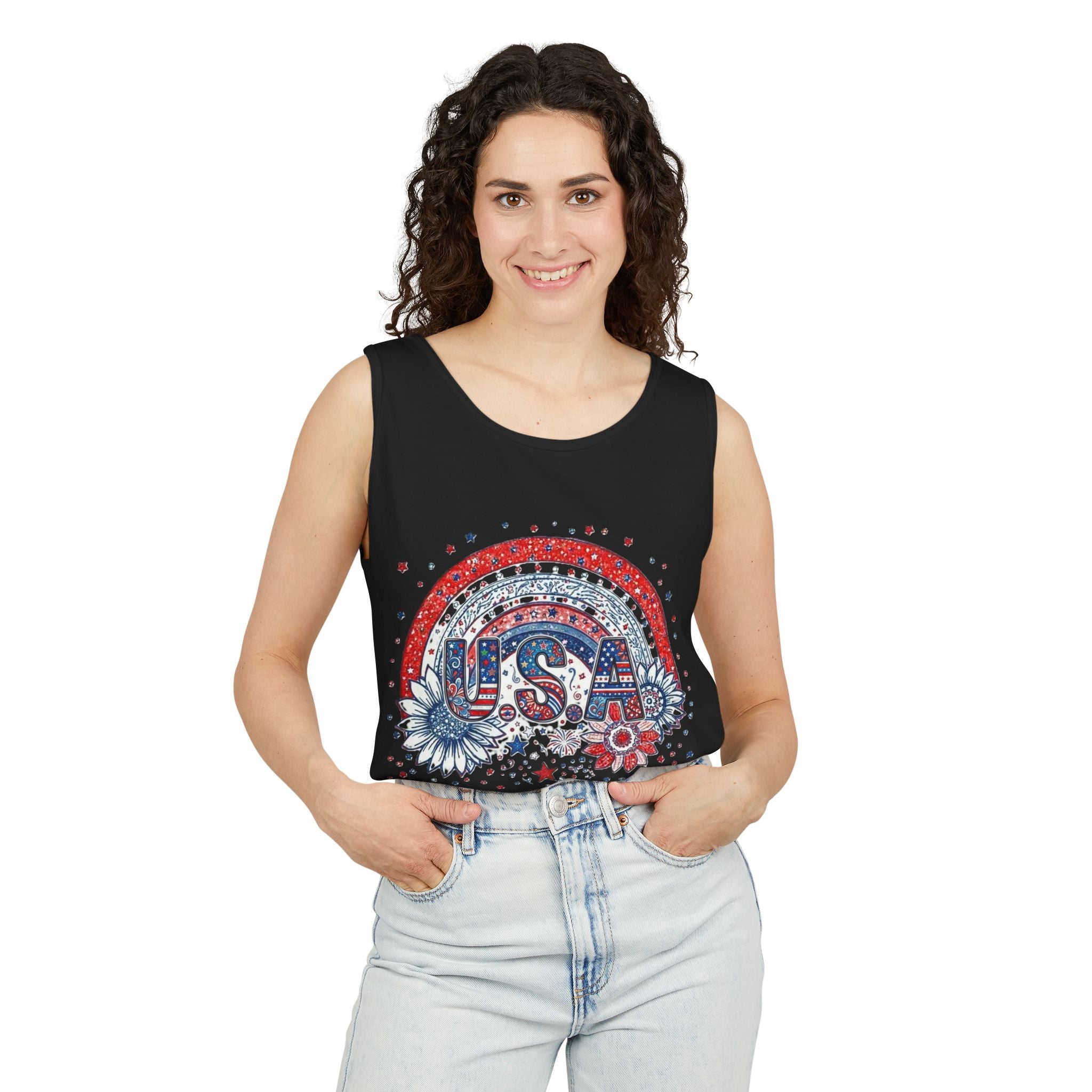 USA Rainbow Floral Tank Top — Patriotic 4th of July Sleeveless Tee