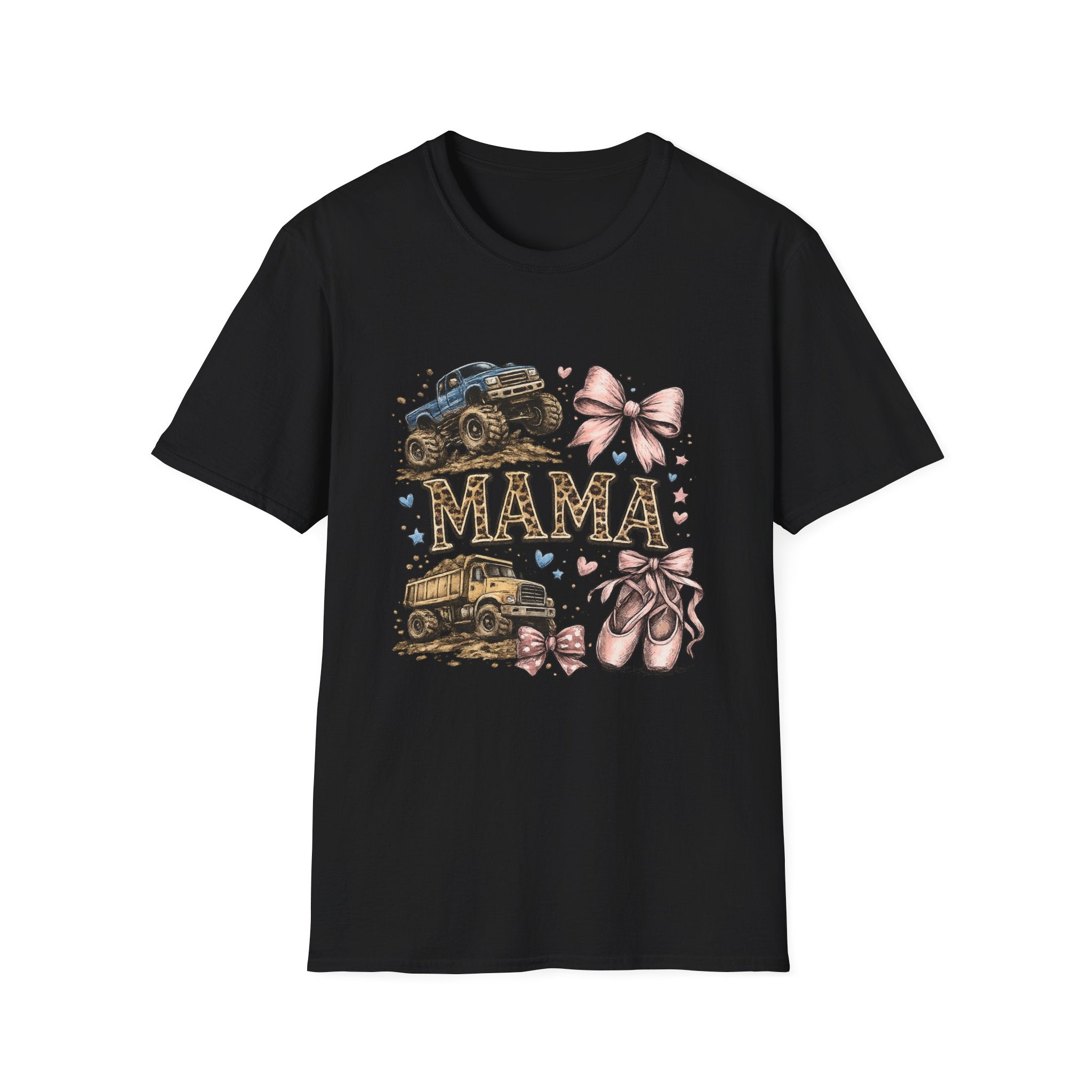 Mama Jeep & Ballet Shoes T-Shirt — 'MAMA' Graphic Tee with Trucks, Bows & Ballet Slippers