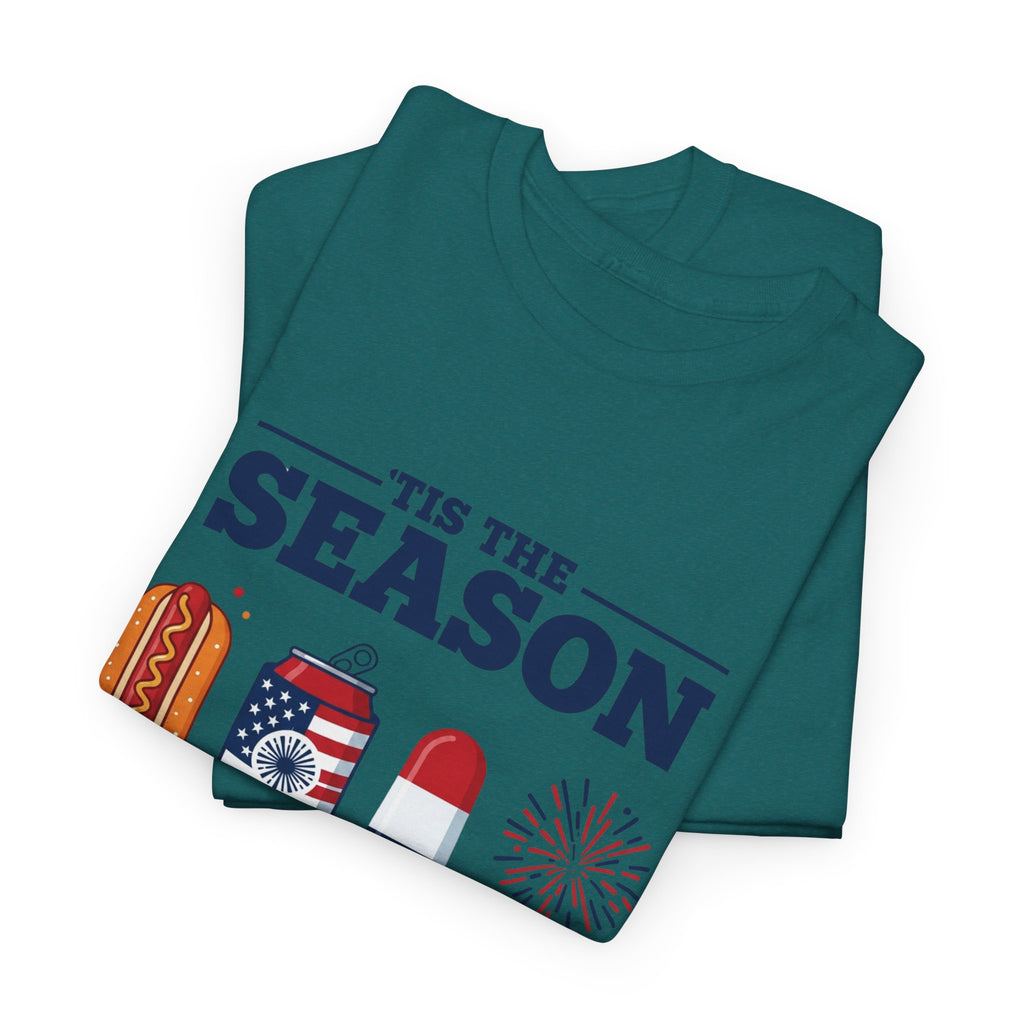 Fourth of July Tee — "'Tis the Season" Patriotic Hot Dog, Popsicle & Fireworks T-Shirt