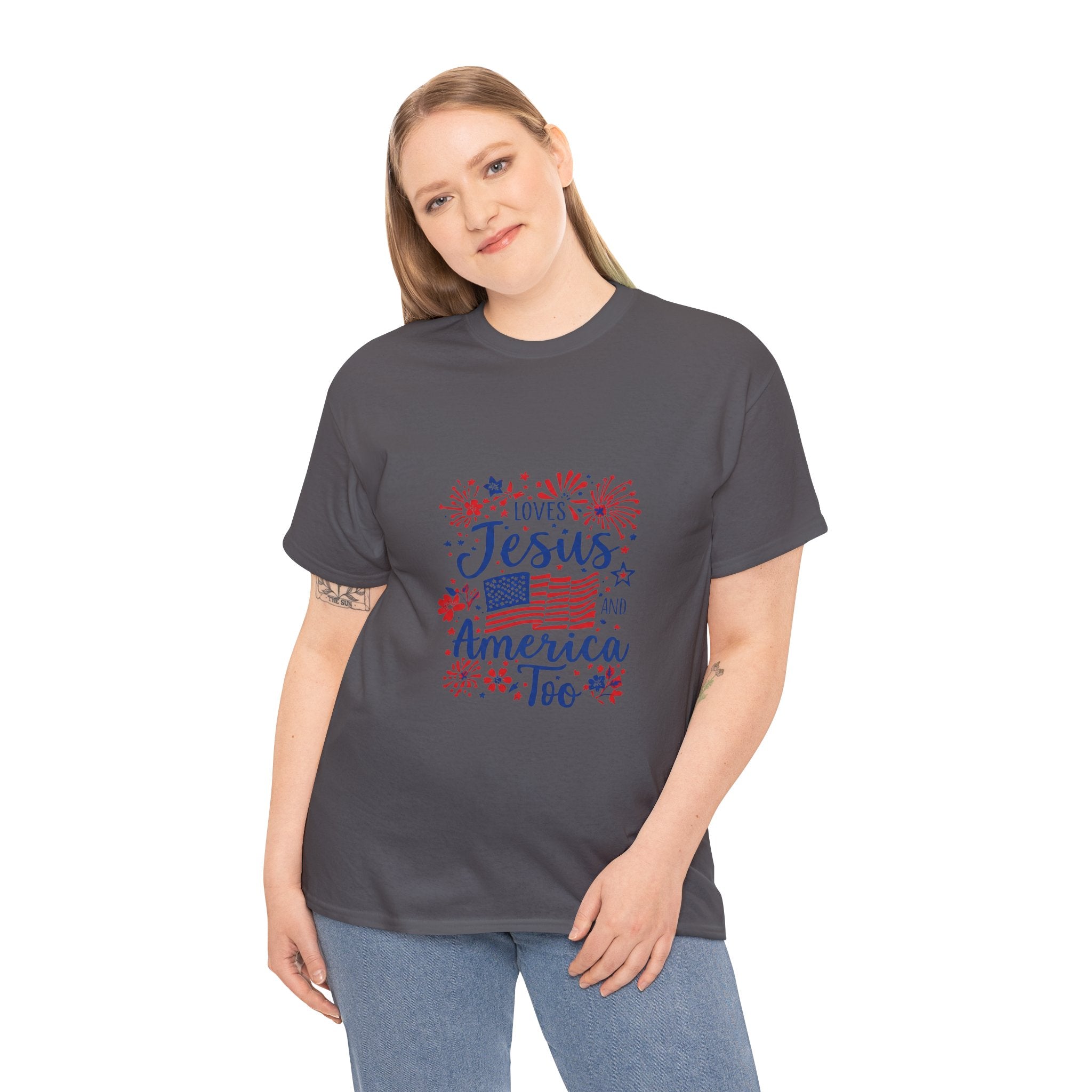Jesus and America Tee — Patriotic Christian T-Shirt ("Loves Jesus and America Too")