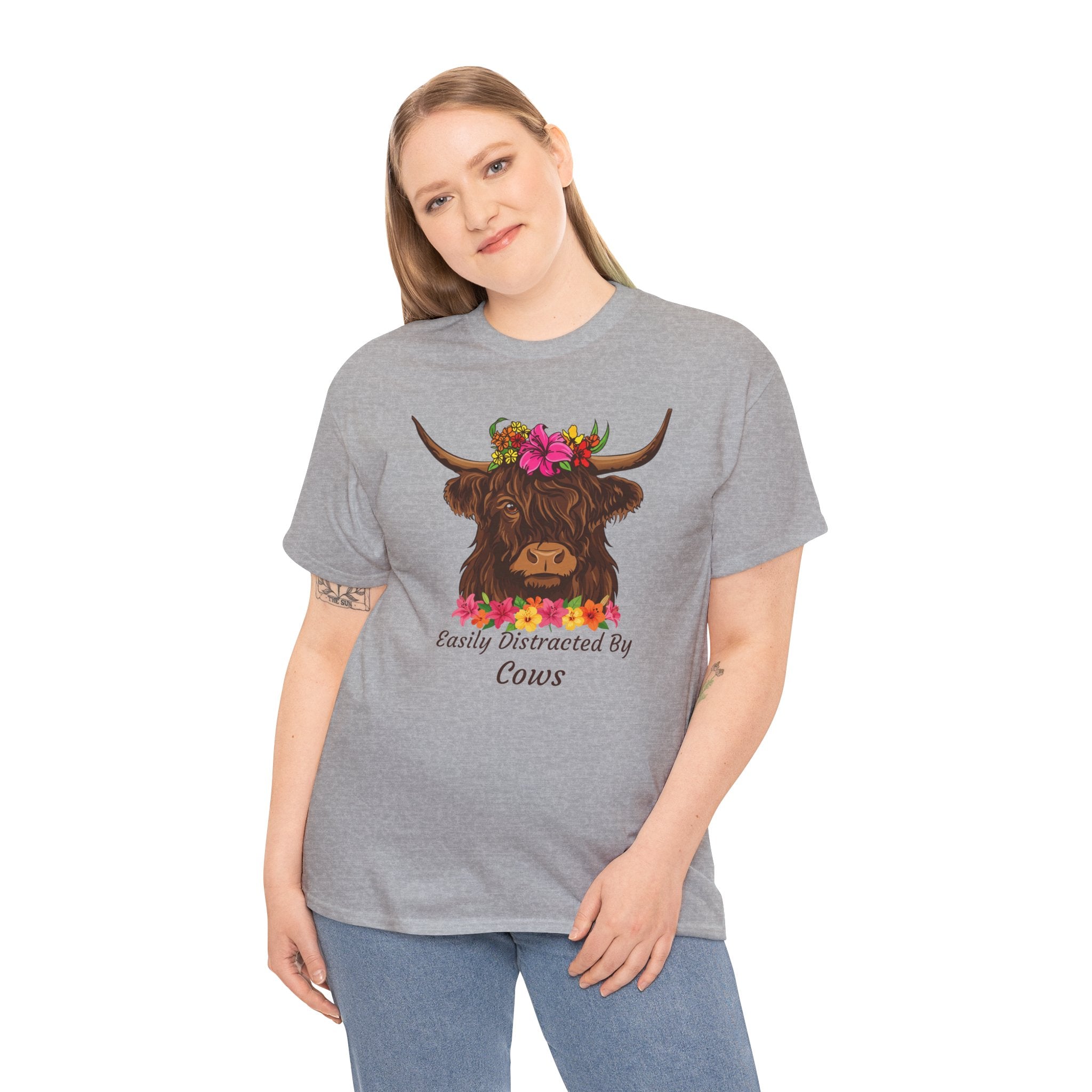 Highland Cow Floral Tee — "Easily Distracted by Cows" Cute Cow Graphic T-Shirt