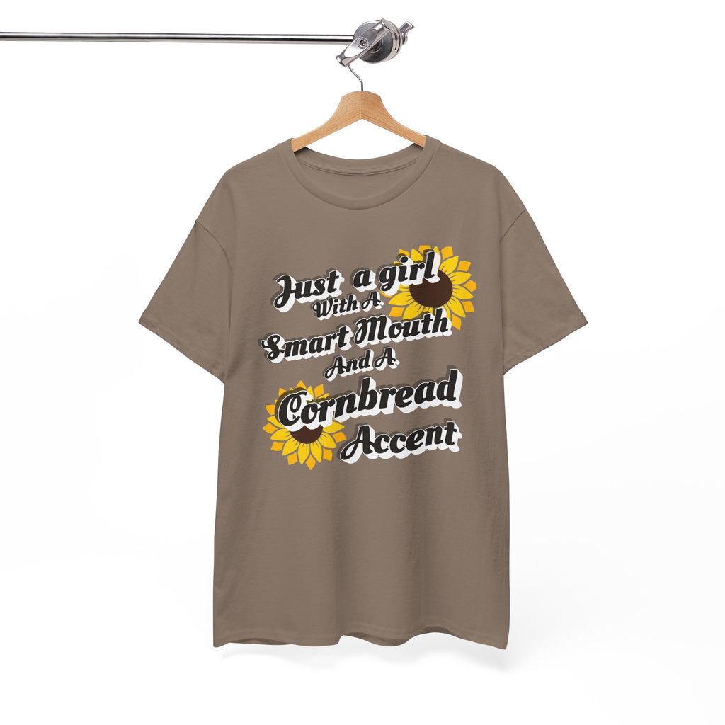 Cornbread Accent T-Shirt – "Just a Girl with a Smart Mouth and a Cornbread Accent" Sunflower Graphic