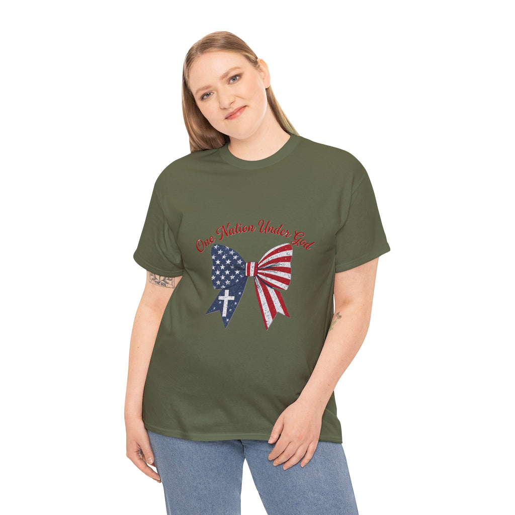 Patriotic Bow Tee — "One Nation Under God" American Flag Cross T-Shirt