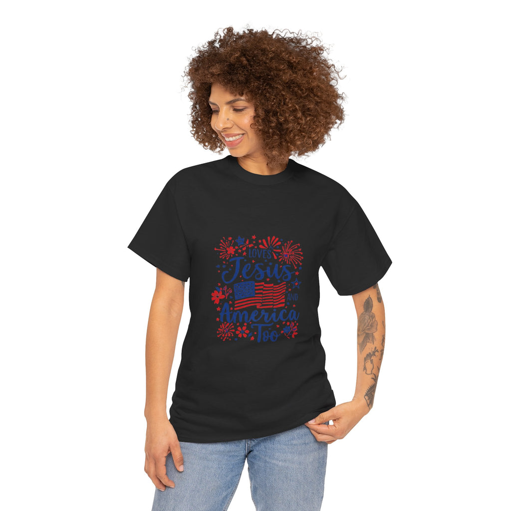 Jesus and America Tee — Patriotic Christian T-Shirt ("Loves Jesus and America Too")