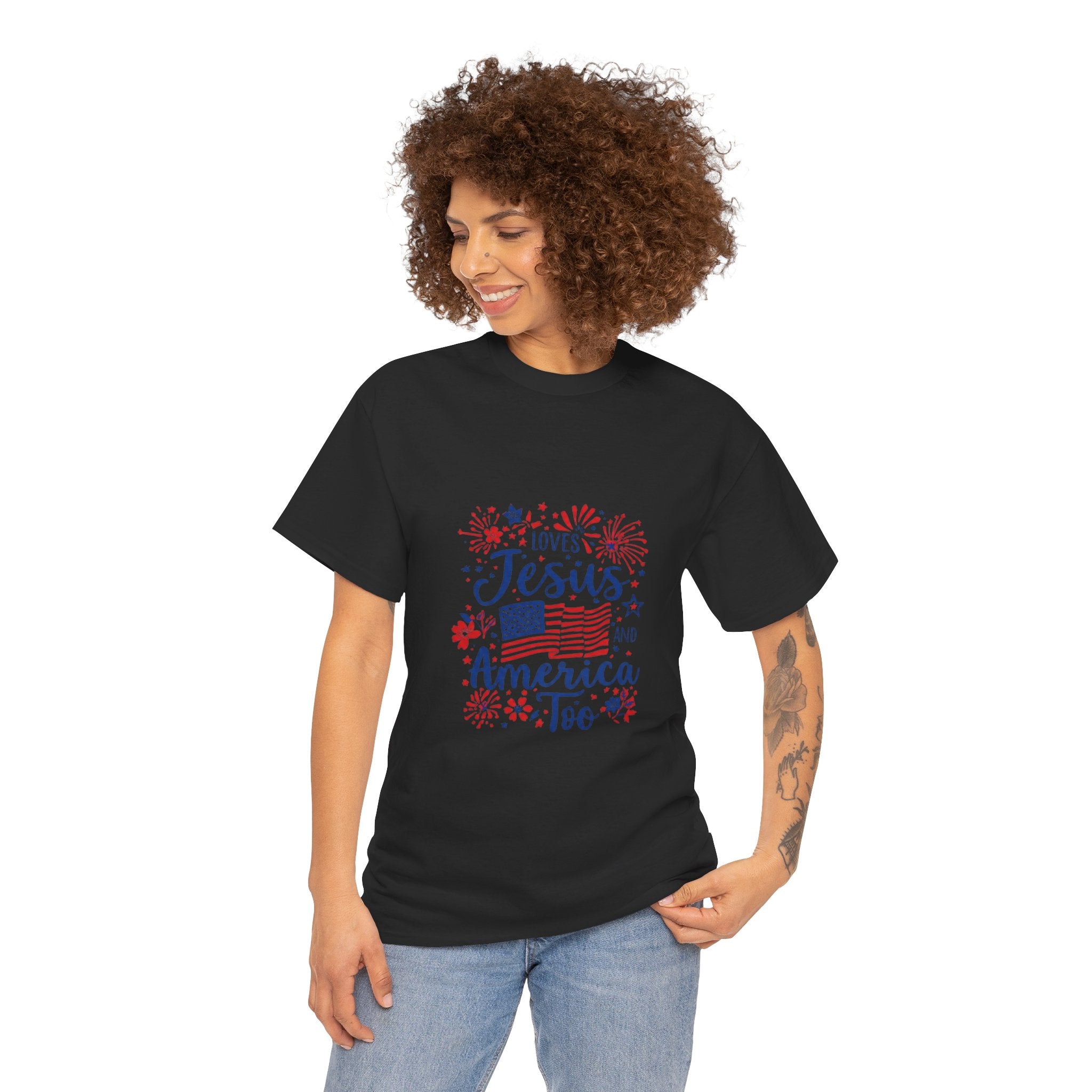 Jesus and America Tee — Patriotic Christian T-Shirt ("Loves Jesus and America Too")